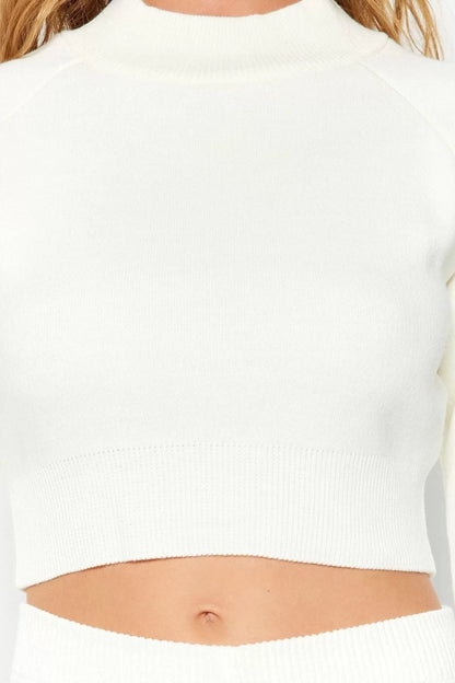 Fashion Plain Crew Neck Raglan Sleeve Casual Daily Ecru Crop Basic Knitwear Bottom-Top Set