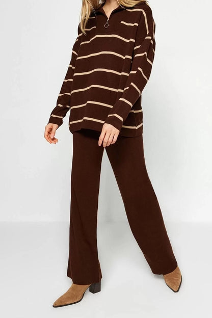 Fashion Striped Stand Collar Low Sleeve Casual Daily Wide Cut Zippered Knitwear Top-Bottom Set