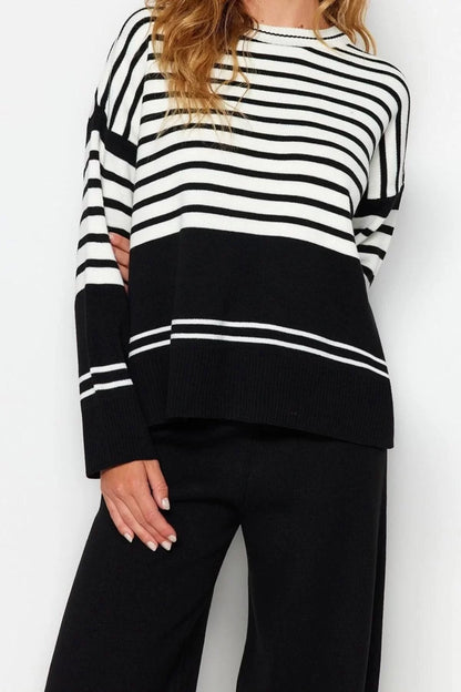 Fashion Striped Crew Neck Low Sleeve Casual Daily Stone Wide Pattern Knitwear Bottom-Top Set