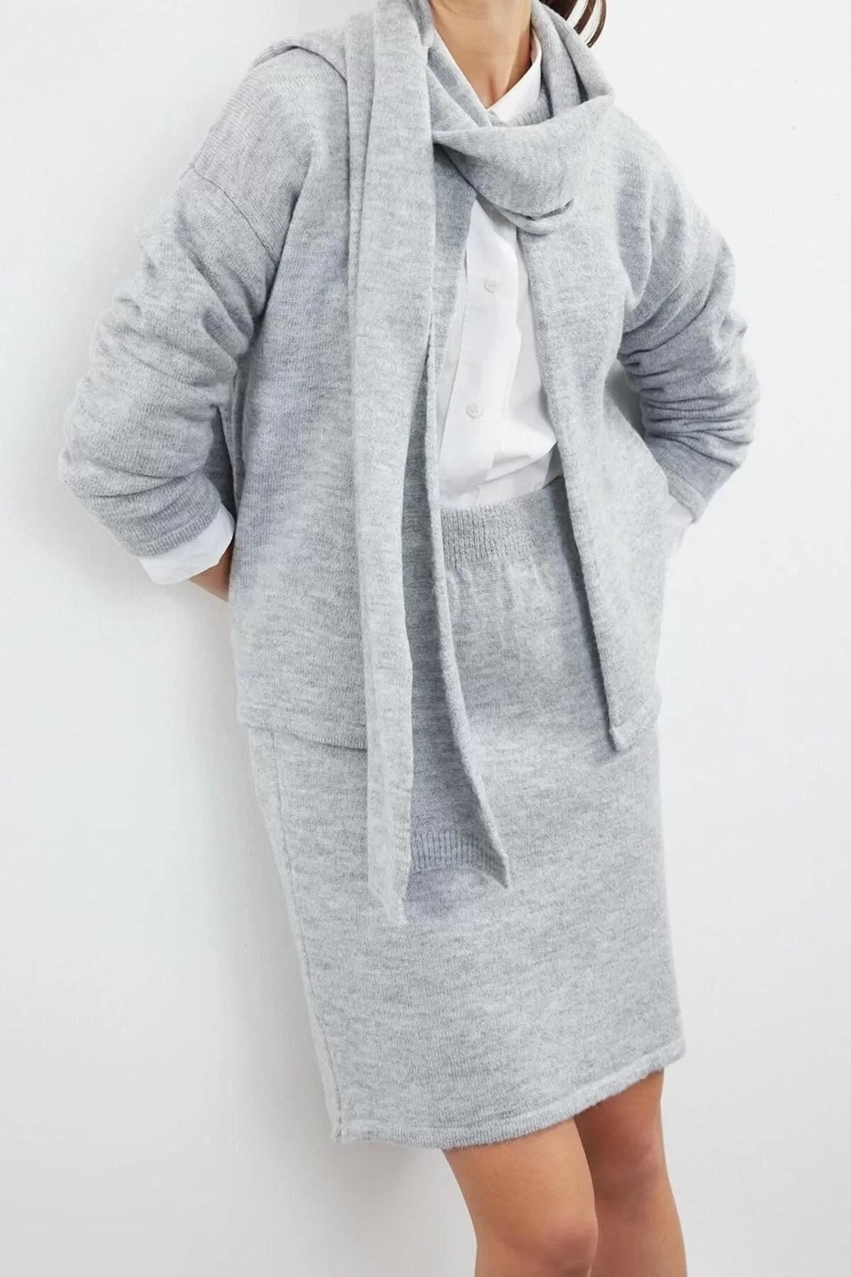 Fashion Knitwear Plain Crew Neck Casual Daily Gray Soft Textured Scarf Knitwear Bottom-Top Set