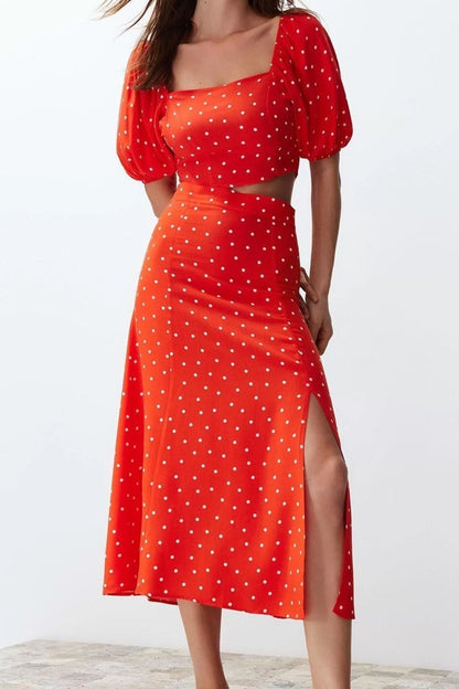 Fashion High Waist Polka Dot Square Neck Balloon Sleeve Slit Midi Woven Polka Dot Top-Bottom Set