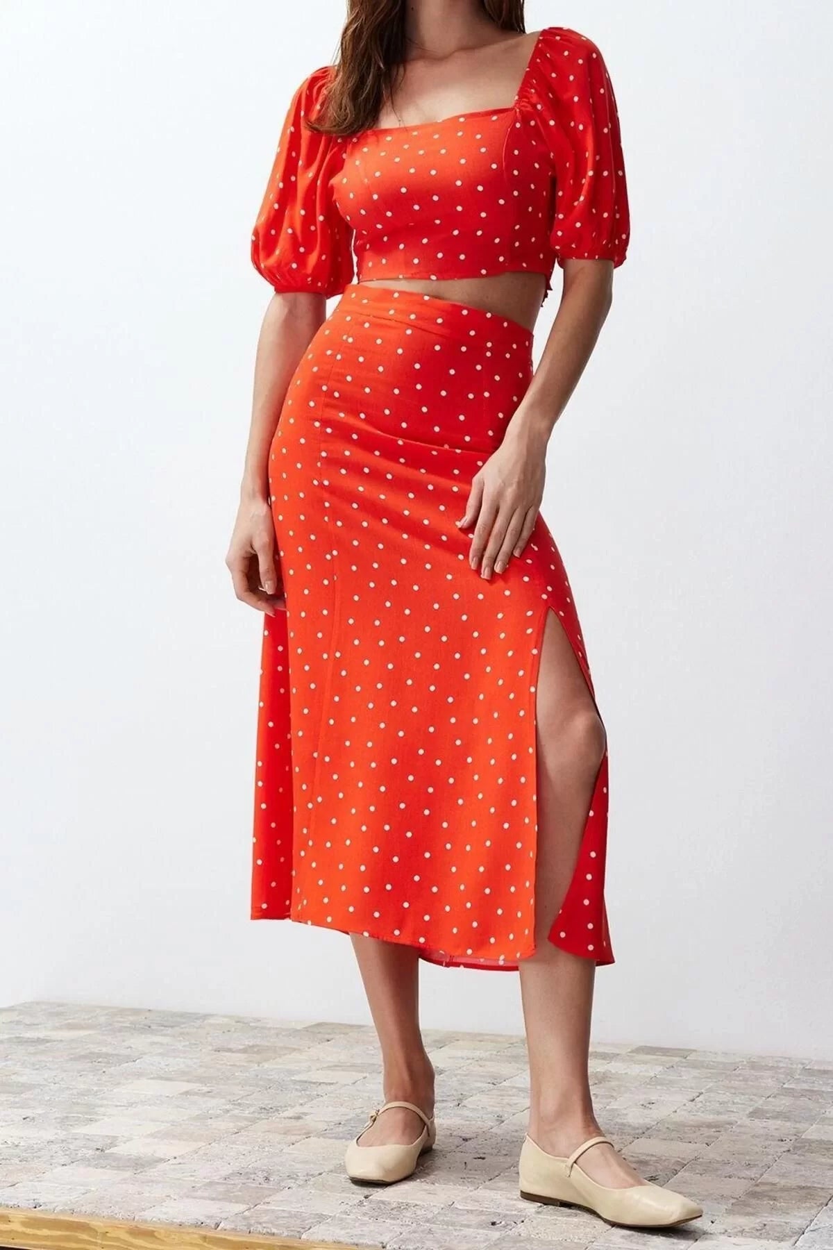 Fashion High Waist Polka Dot Square Neck Balloon Sleeve Slit Midi Woven Polka Dot Top-Bottom Set