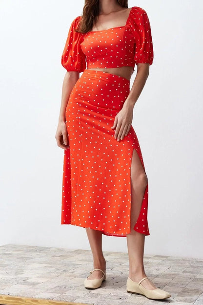 Fashion High Waist Polka Dot Square Neck Balloon Sleeve Slit Midi Woven Polka Dot Top-Bottom Set