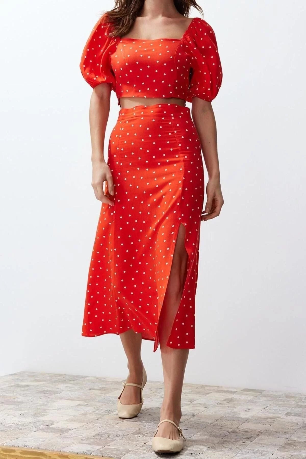 Fashion High Waist Polka Dot Square Neck Balloon Sleeve Slit Midi Woven Polka Dot Top-Bottom Set