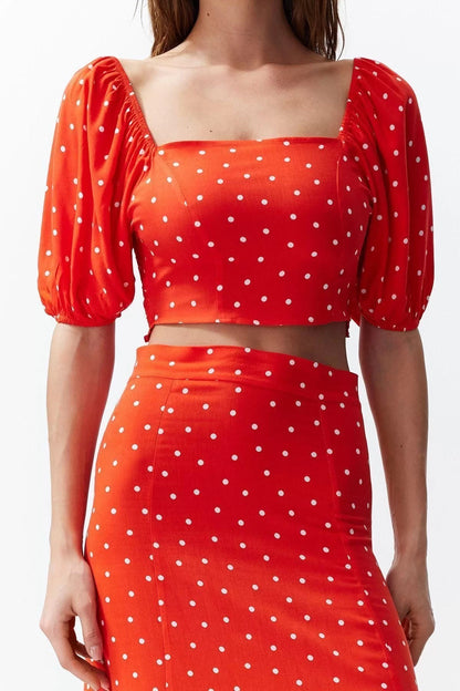 Fashion High Waist Polka Dot Square Neck Balloon Sleeve Slit Midi Woven Polka Dot Top-Bottom Set