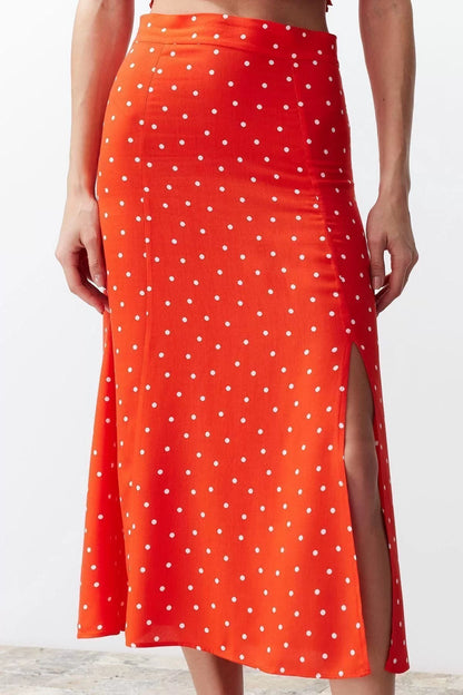 Fashion High Waist Polka Dot Square Neck Balloon Sleeve Slit Midi Woven Polka Dot Top-Bottom Set