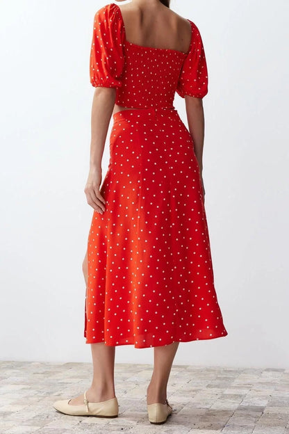 Fashion High Waist Polka Dot Square Neck Balloon Sleeve Slit Midi Woven Polka Dot Top-Bottom Set