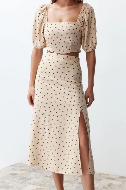 Fashion High Waist Polka Dot Square Neck Balloon Sleeve Slit Midi Woven Polka Dot Top-Bottom Set