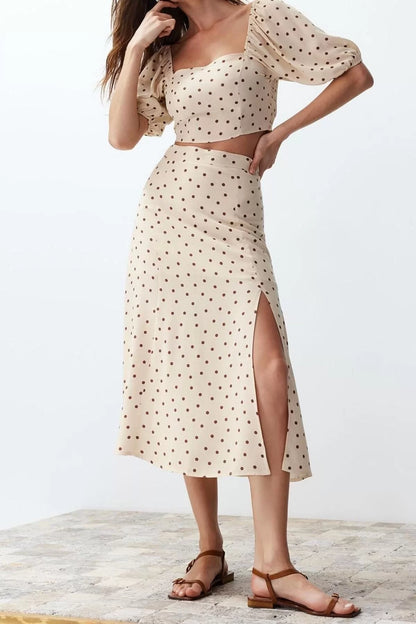 Fashion High Waist Polka Dot Square Neck Balloon Sleeve Slit Midi Woven Polka Dot Top-Bottom Set