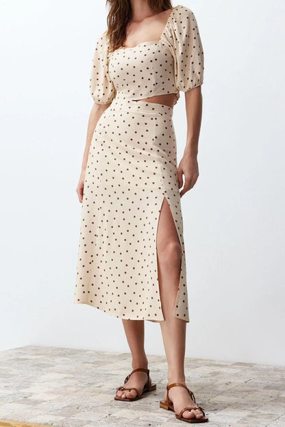 Fashion High Waist Polka Dot Square Neck Balloon Sleeve Slit Midi Woven Polka Dot Top-Bottom Set