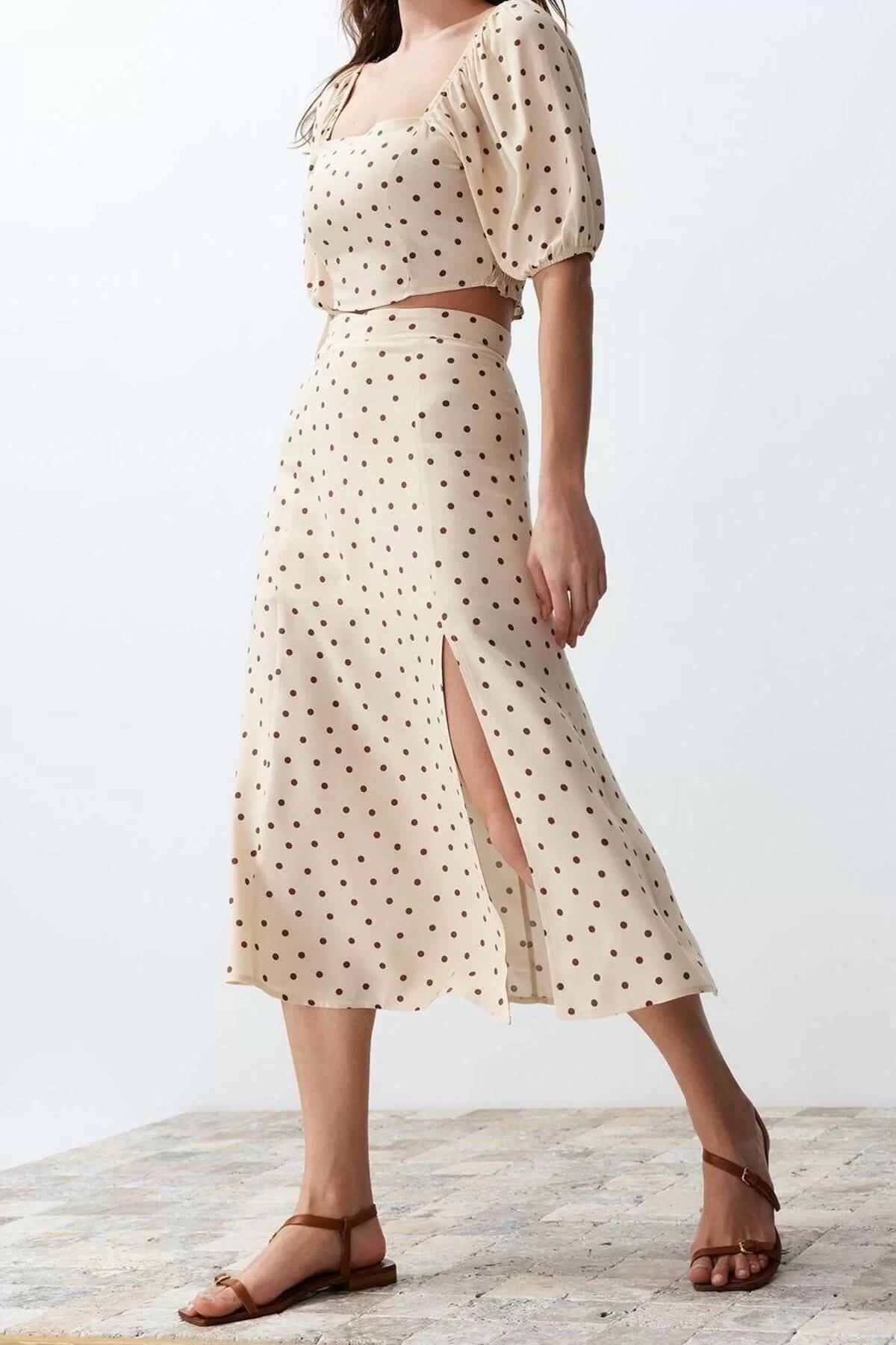 Fashion High Waist Polka Dot Square Neck Balloon Sleeve Slit Midi Woven Polka Dot Top-Bottom Set