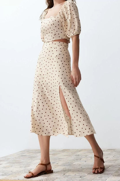 Fashion High Waist Polka Dot Square Neck Balloon Sleeve Slit Midi Woven Polka Dot Top-Bottom Set