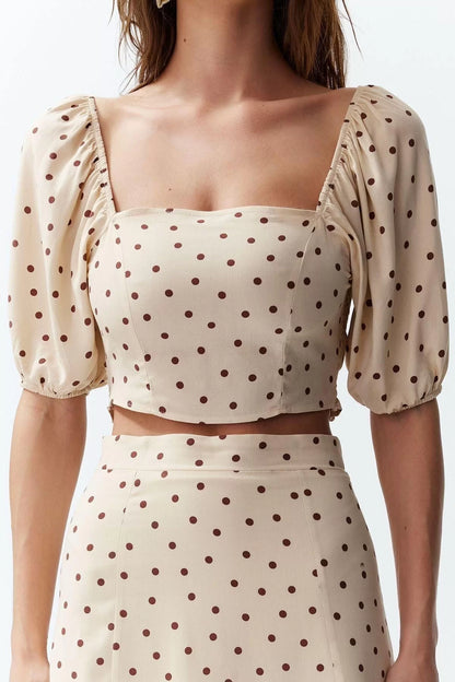 Fashion High Waist Polka Dot Square Neck Balloon Sleeve Slit Midi Woven Polka Dot Top-Bottom Set