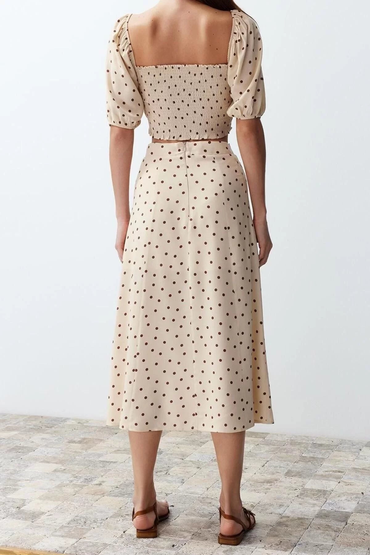 Fashion High Waist Polka Dot Square Neck Balloon Sleeve Slit Midi Woven Polka Dot Top-Bottom Set