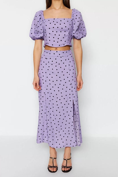 Fashion High Waist Polka Dot Square Neck Balloon Sleeve Slit Midi Woven Polka Dot Top-Bottom Set