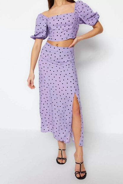 Fashion High Waist Polka Dot Square Neck Balloon Sleeve Slit Midi Woven Polka Dot Top-Bottom Set