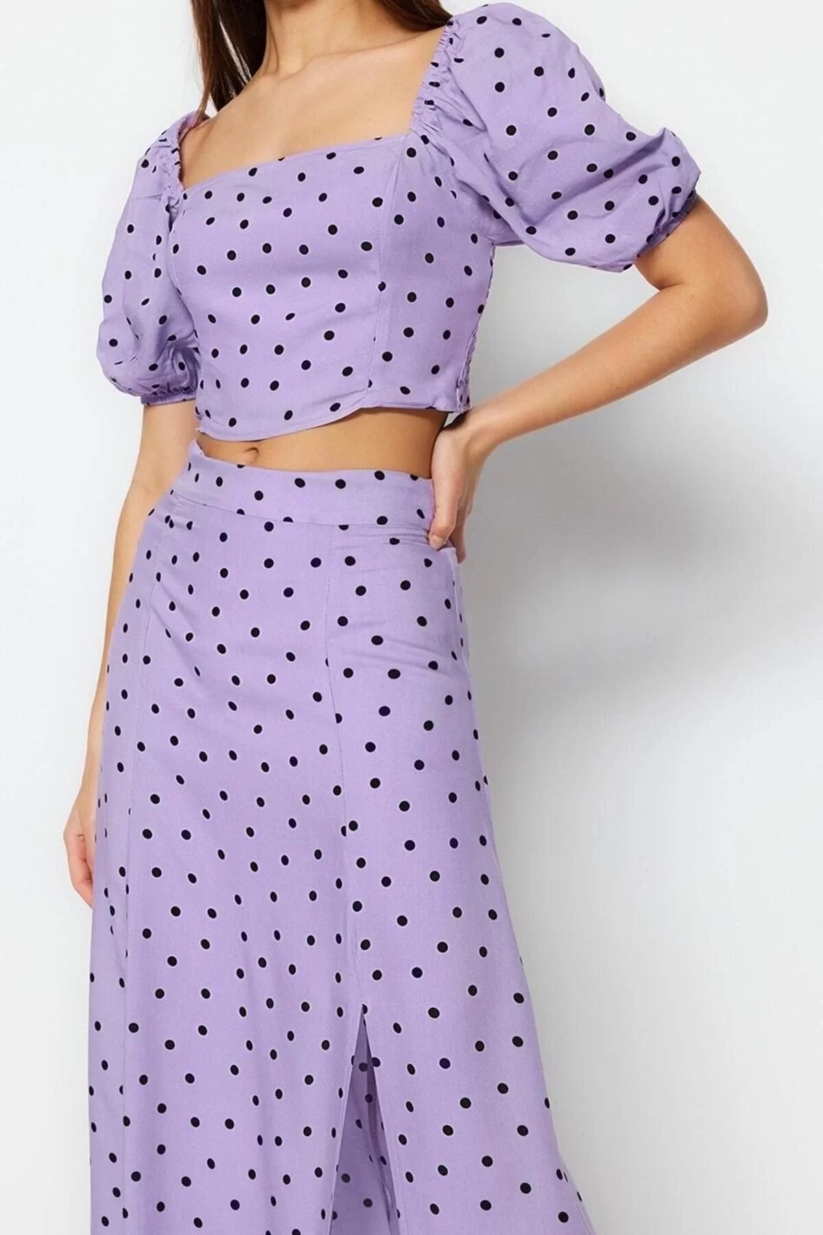 Fashion High Waist Polka Dot Square Neck Balloon Sleeve Slit Midi Woven Polka Dot Top-Bottom Set