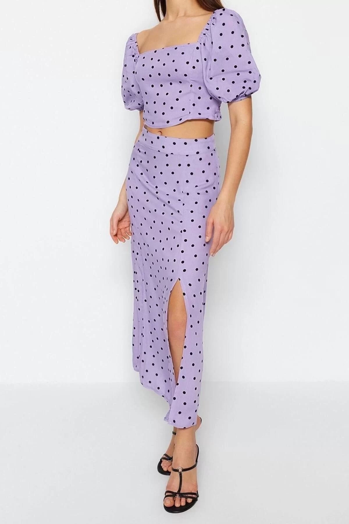 Fashion High Waist Polka Dot Square Neck Balloon Sleeve Slit Midi Woven Polka Dot Top-Bottom Set