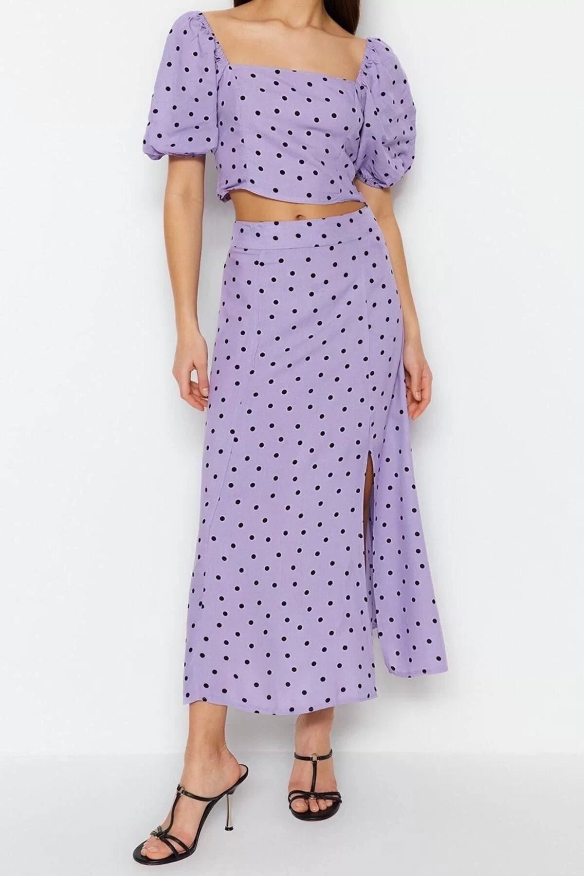 Fashion High Waist Polka Dot Square Neck Balloon Sleeve Slit Midi Woven Polka Dot Top-Bottom Set