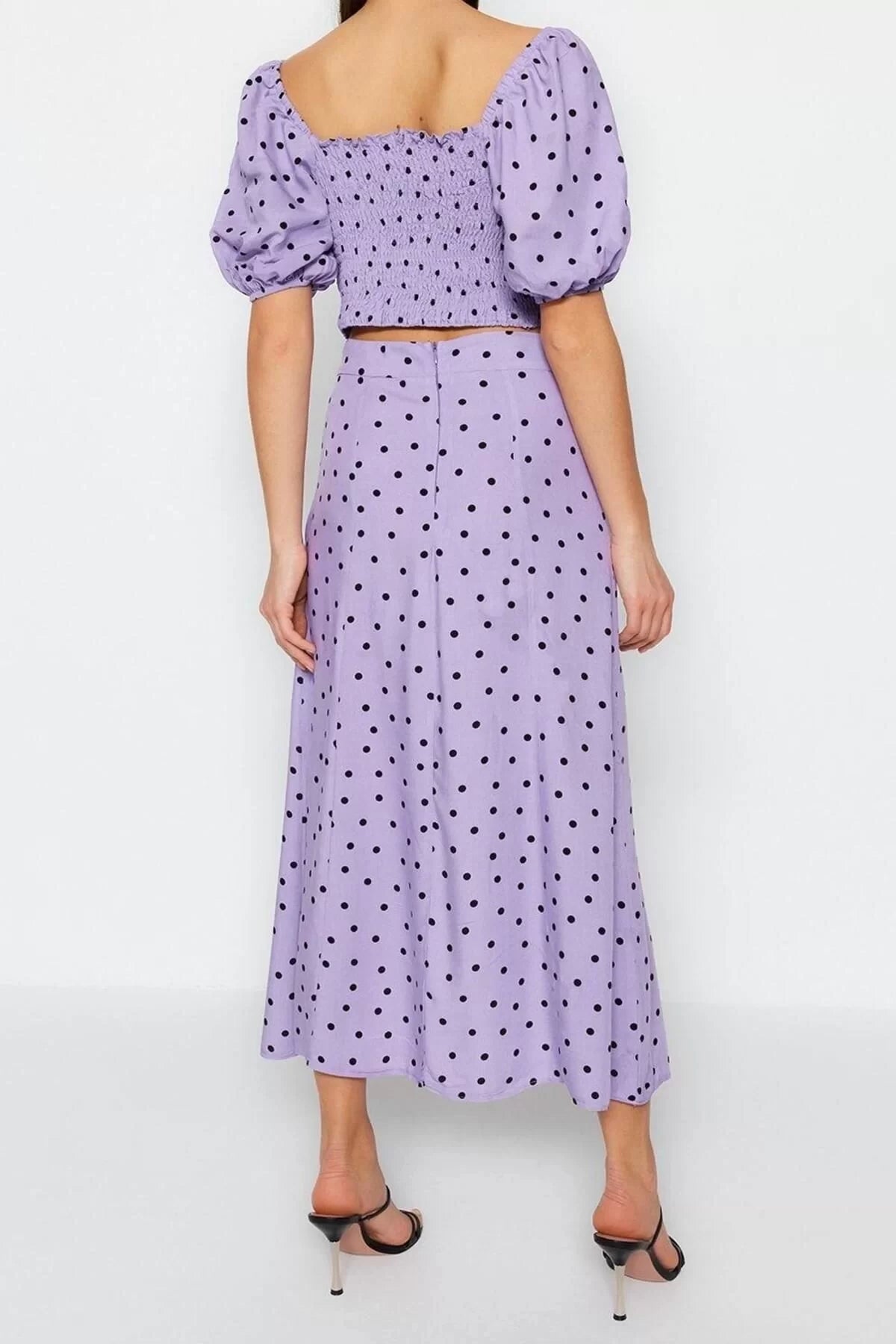 Fashion High Waist Polka Dot Square Neck Balloon Sleeve Slit Midi Woven Polka Dot Top-Bottom Set