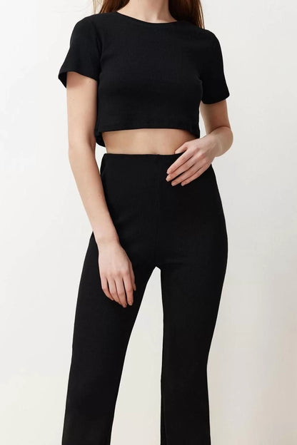 Fashion High Waist Crew Neck Crop Crew Neck Elastic Ribbed Knitted Blouse and Trousers Top-Bottom Set