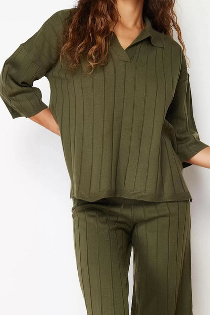 Fashion Knitwear Plain Polo Collar Casual Daily Green Basic Ribbed Knitwear Bottom-Top Set