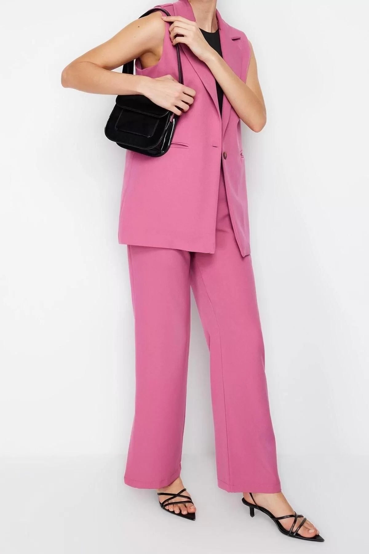 Fashion Jacket Collar Formal Lilac Regular Pattern Vest and Wide Leg Wide Leg Trousers Woven Bottom-Top Set