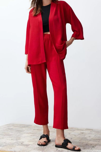 Fashion Plain Mandarin Collar Low Sleeve Casual Daily Fuchsia Woven Kimono Pants Top-Bottom Set