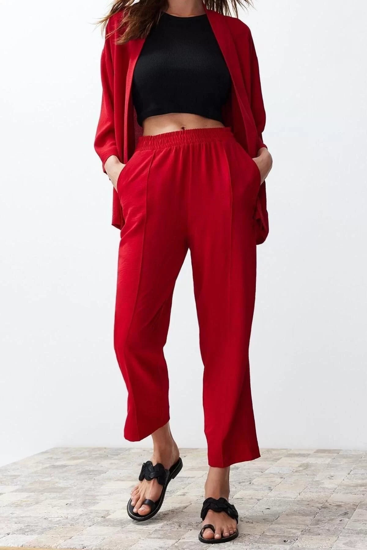 Fashion Plain Mandarin Collar Low Sleeve Casual Daily Fuchsia Woven Kimono Pants Top-Bottom Set