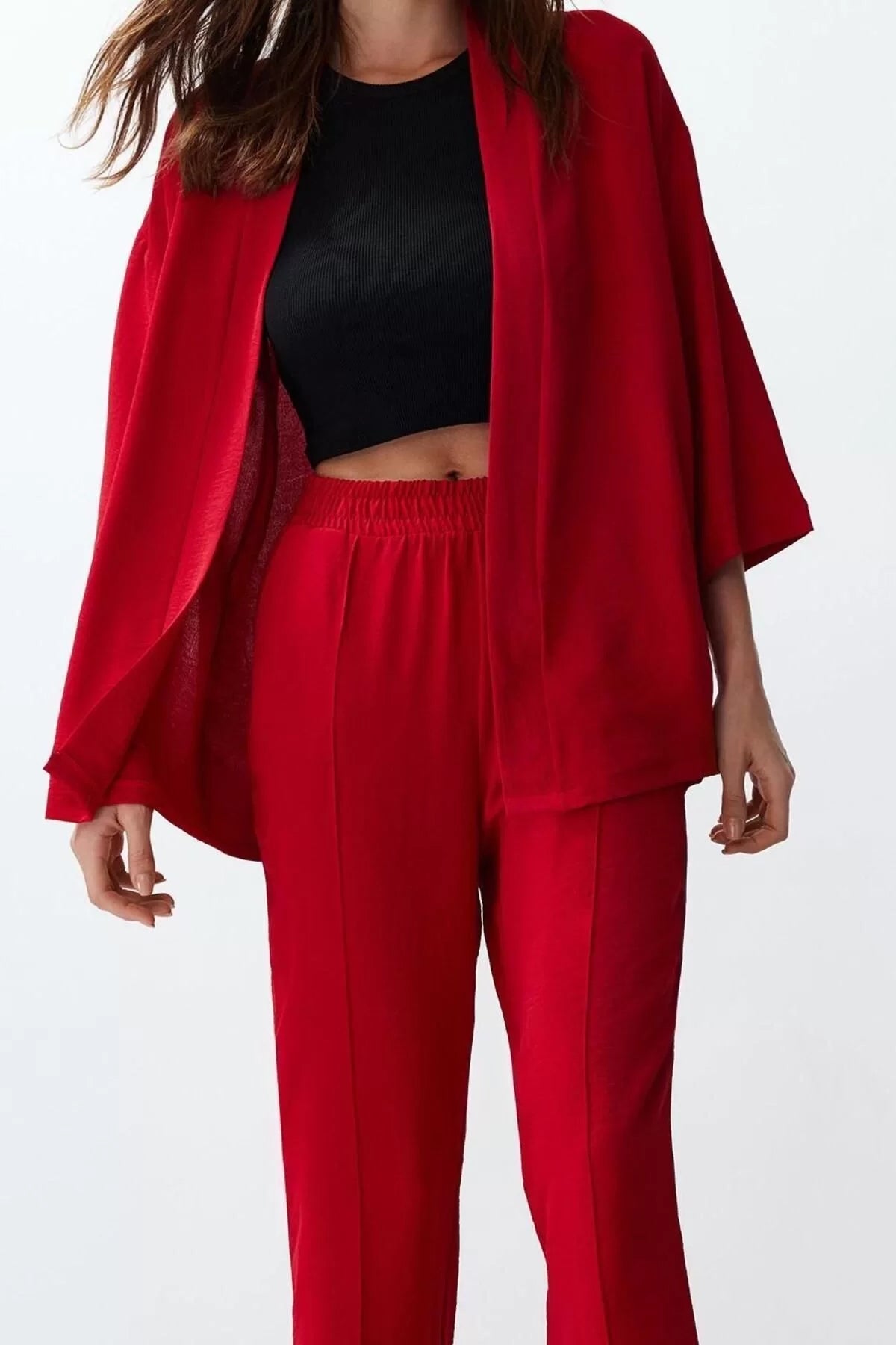 Fashion Plain Mandarin Collar Low Sleeve Casual Daily Fuchsia Woven Kimono Pants Top-Bottom Set