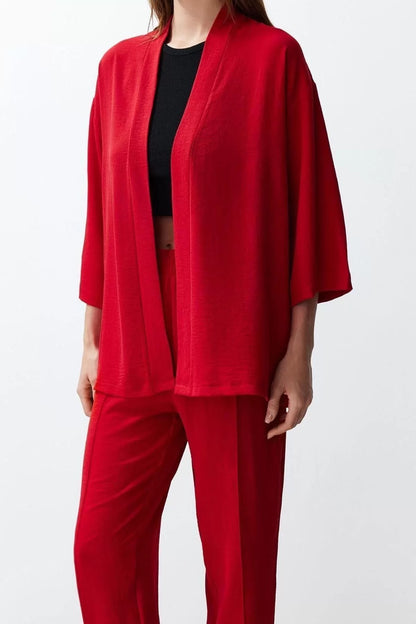 Fashion Plain Mandarin Collar Low Sleeve Casual Daily Fuchsia Woven Kimono Pants Top-Bottom Set