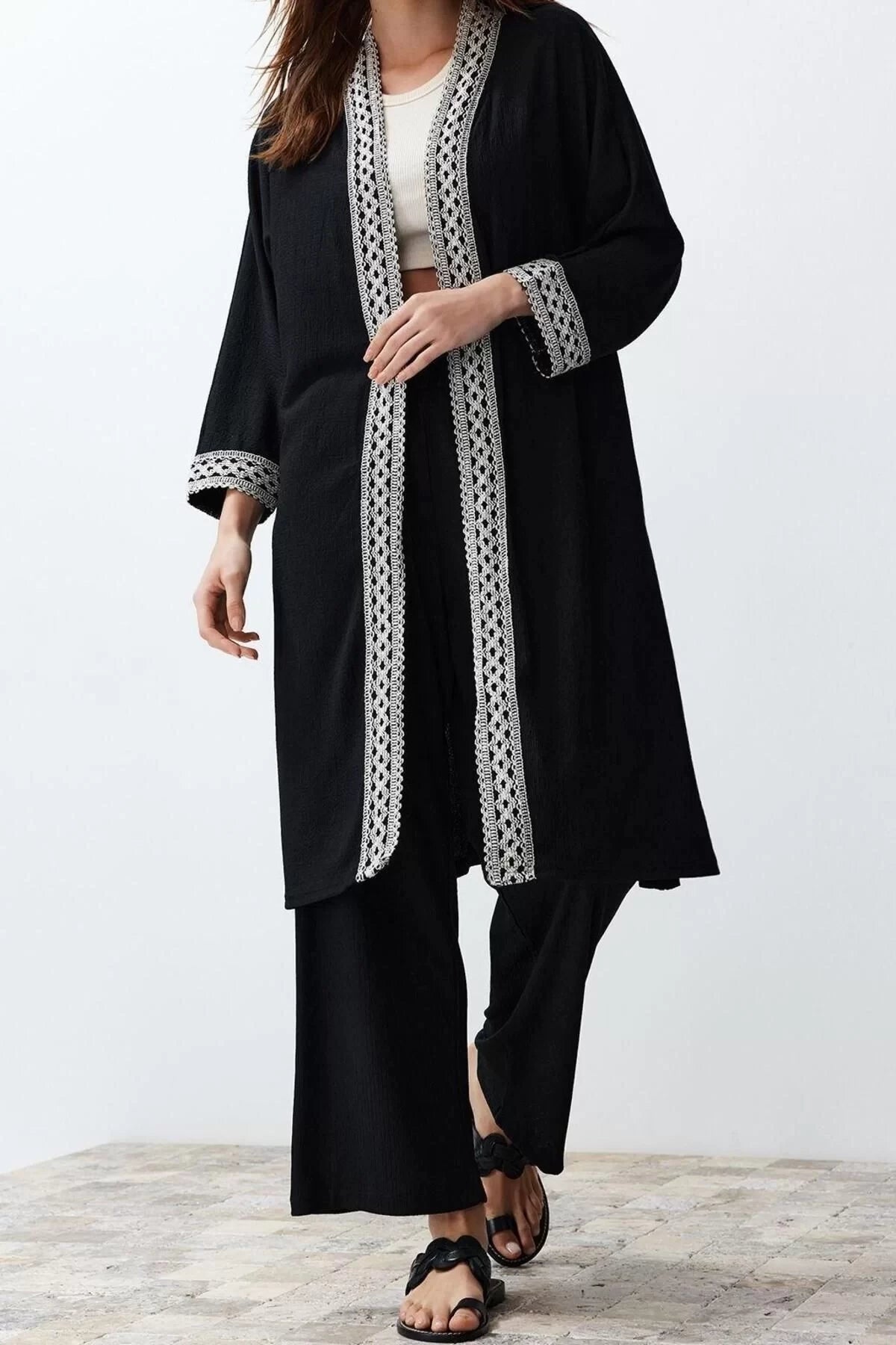 Fashion Woven Plain Judge Collar Casual Daily Black Embroidery Detailed Kimono Pants Woven Bottom-Top Set