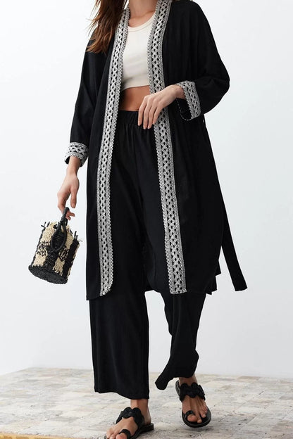 Fashion Woven Plain Judge Collar Casual Daily Black Embroidery Detailed Kimono Pants Woven Bottom-Top Set