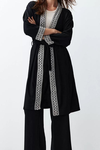 Fashion Woven Plain Judge Collar Casual Daily Black Embroidery Detailed Kimono Pants Woven Bottom-Top Set