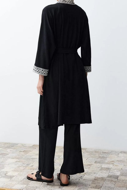 Fashion Woven Plain Judge Collar Casual Daily Black Embroidery Detailed Kimono Pants Woven Bottom-Top Set