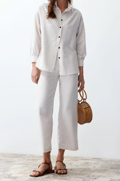 Fashion Woven Plain Shirt Collar Casual Daily Ecru Linen Look Shirt Trousers Woven Bottom-Top Set