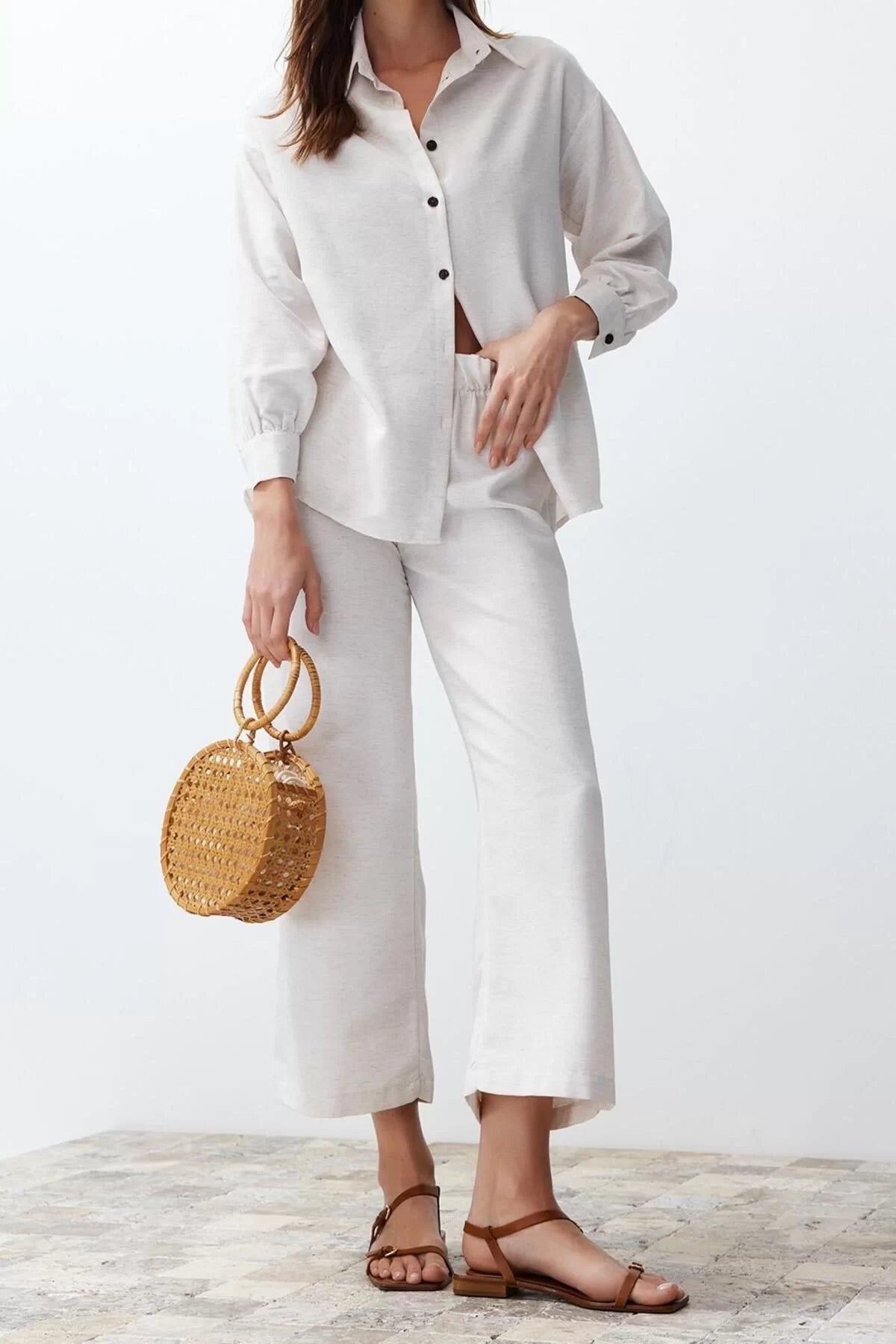 Fashion Woven Plain Shirt Collar Casual Daily Ecru Linen Look Shirt Trousers Woven Bottom-Top Set