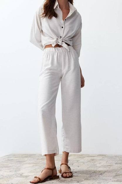 Fashion Woven Plain Shirt Collar Casual Daily Ecru Linen Look Shirt Trousers Woven Bottom-Top Set