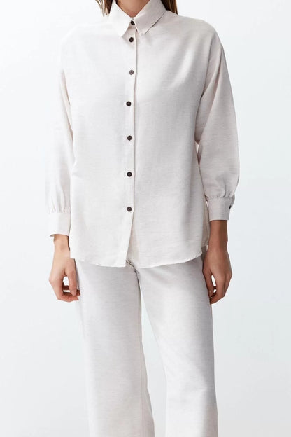 Fashion Woven Plain Shirt Collar Casual Daily Ecru Linen Look Shirt Trousers Woven Bottom-Top Set