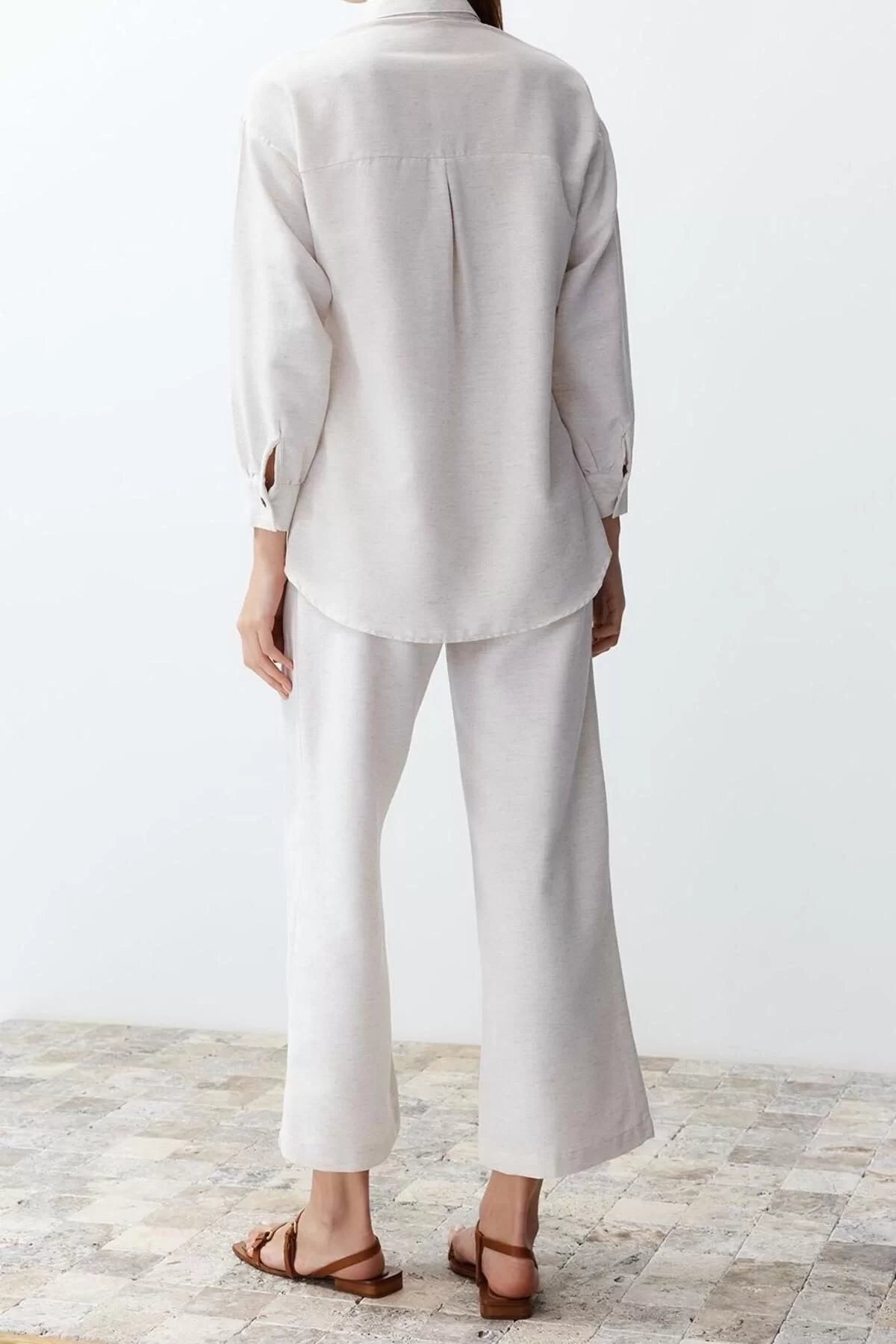 Fashion Woven Plain Shirt Collar Casual Daily Ecru Linen Look Shirt Trousers Woven Bottom-Top Set