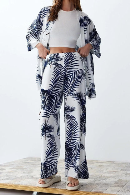 Fashion Woven Printed Cowl Collar Casual Daily Black Patterned Kimono Pants Woven Bottom-Top Set