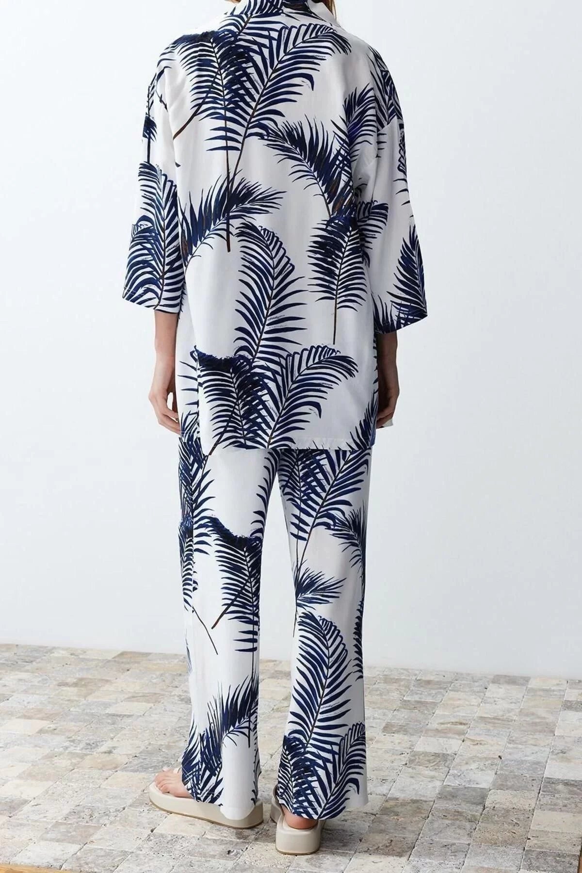 Fashion Woven Printed Cowl Collar Casual Daily Black Patterned Kimono Pants Woven Bottom-Top Set