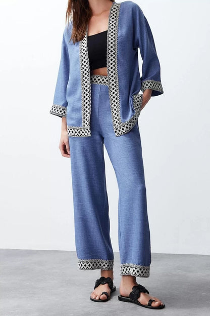 Fashion Embroidered Jacket Collar Casual Daily Indigo Embroidered Kimono Trousers Woven Bottom-Top Set