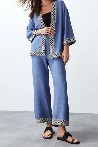 Fashion Embroidered Jacket Collar Casual Daily Indigo Embroidered Kimono Trousers Woven Bottom-Top Set