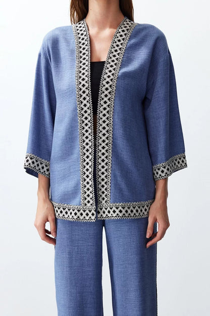 Fashion Embroidered Jacket Collar Casual Daily Indigo Embroidered Kimono Trousers Woven Bottom-Top Set