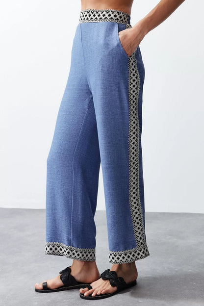 Fashion Embroidered Jacket Collar Casual Daily Indigo Embroidered Kimono Trousers Woven Bottom-Top Set