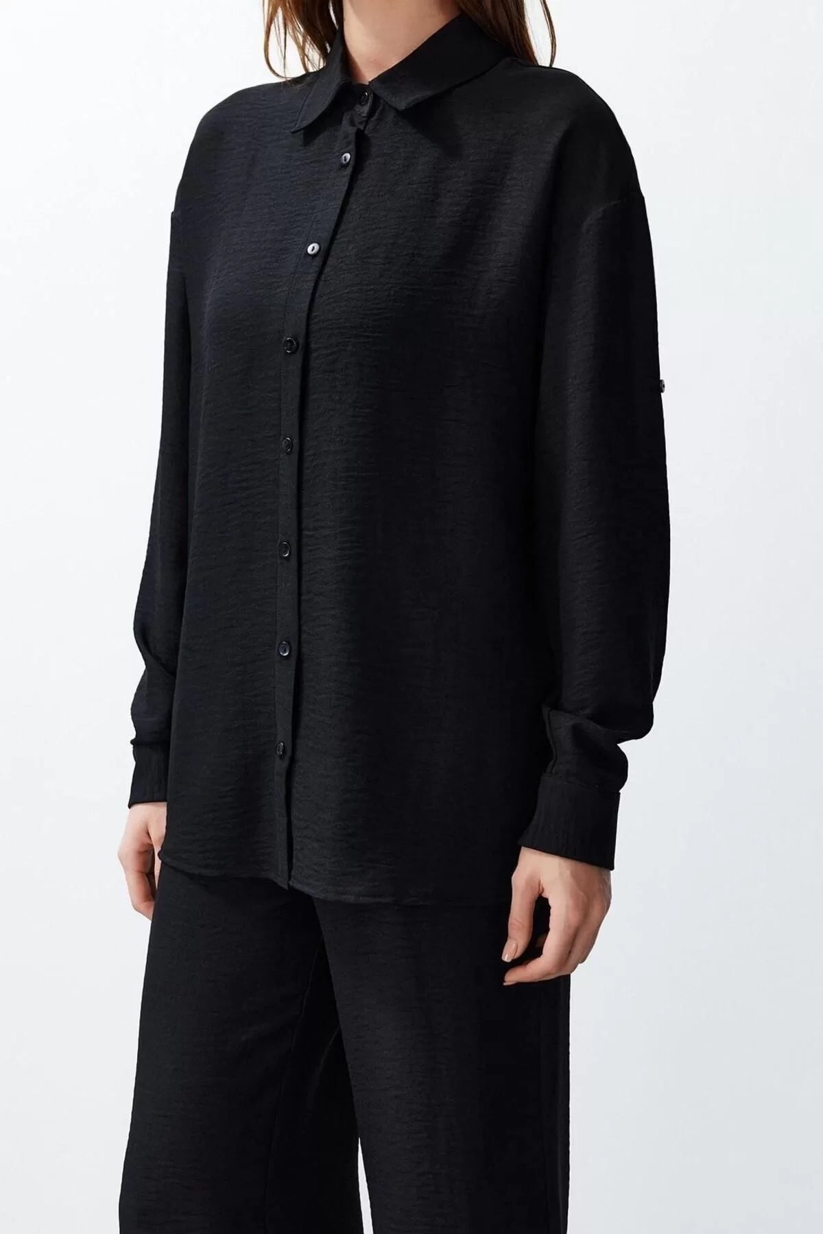 Fashion Plain Shirt Collar Casual Daily Black Shirt Trousers Epaulette Woven Bottom-Top Set