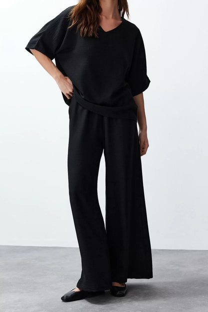 Fashion Woven Textured V Neck Casual Daily V Neck Blouse Trousers Woven Bottom-Top Set