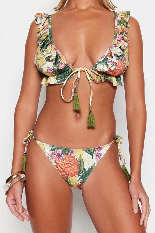 Fashion Floral Throw Cup Bralette Normal Waist Brief Floral Patterned Triangle Ruffle Bikini Set