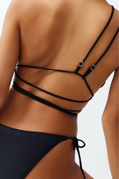 Fashion Plain Throw Cap Wrap Normal Waist Slip Black One Shoulder Cut Out Windowed Regular Bikini Set